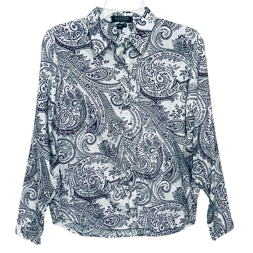 Ralph Lauren Blouse Women’s Paisley Print Button Up Long Sleeve Shirt Top Sz PL - Picture 2 of 9